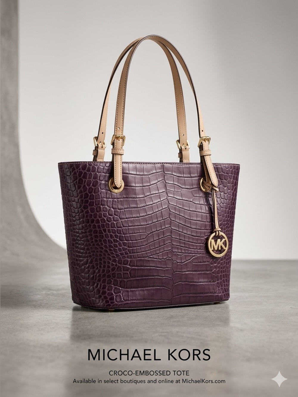 Michael Kors Croc-Embossed Brown Leather Tote with Pale Pink Straps